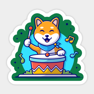 Cute Dog Playing Drum with Stick, Tune and Notes of Music Cartoon Vector Icon Illustration Sticker